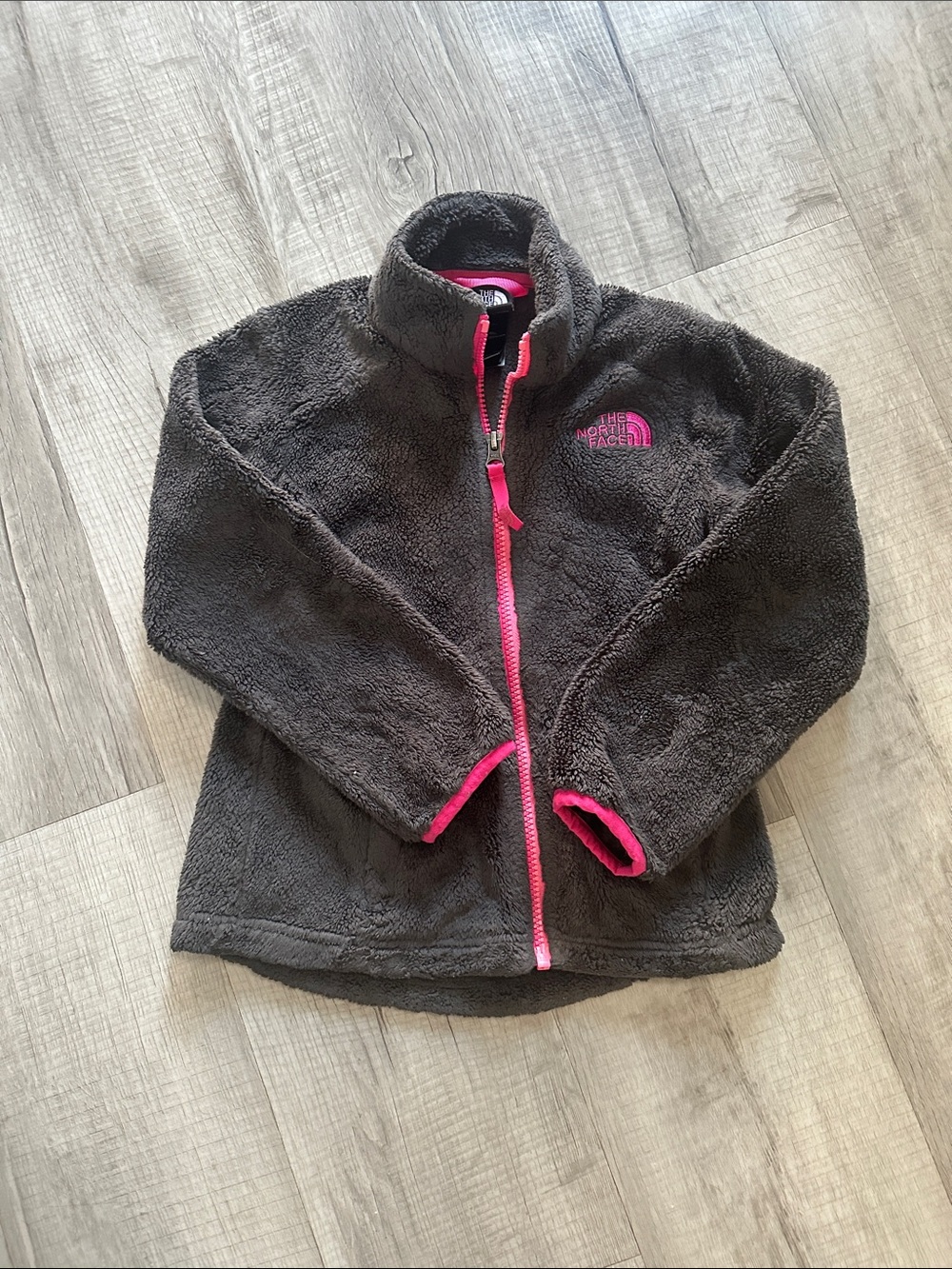 The North Face Girls Dark Gray Fleece Jacket with Pink Trim